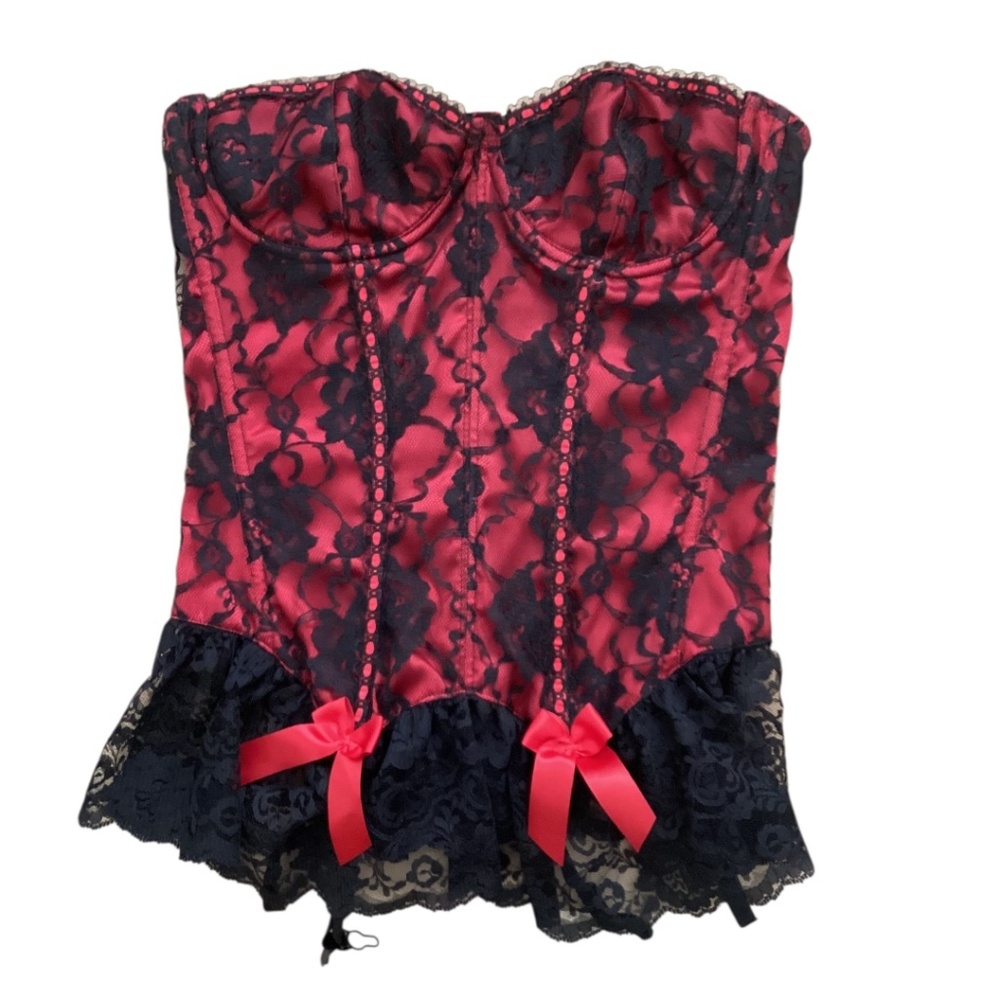 Frederick’s of Hollywood Red Lace Skirted Corset Bustier Garter Size 36